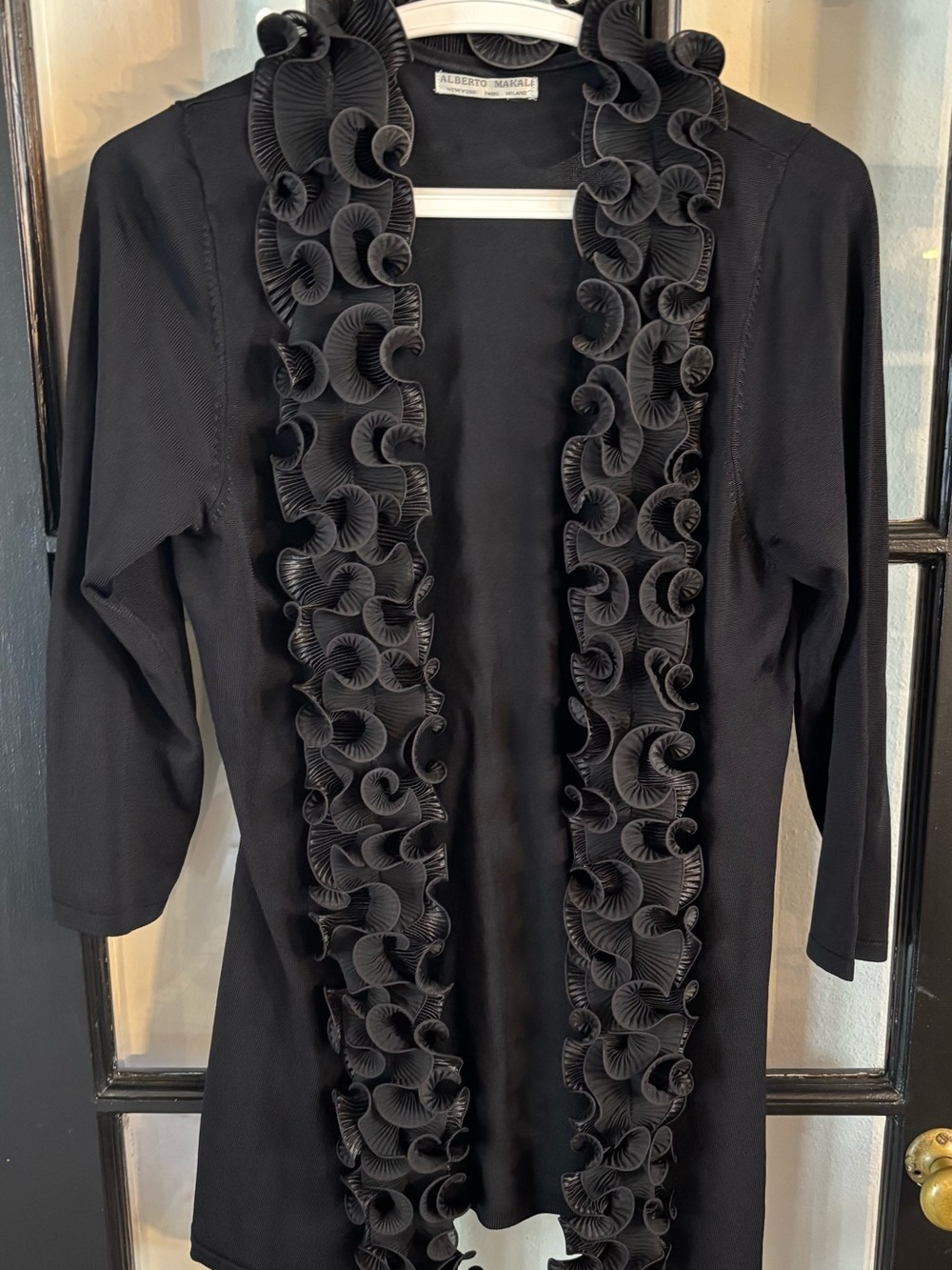 Alberto Makali Black Ruffle Trim Open Cardigan